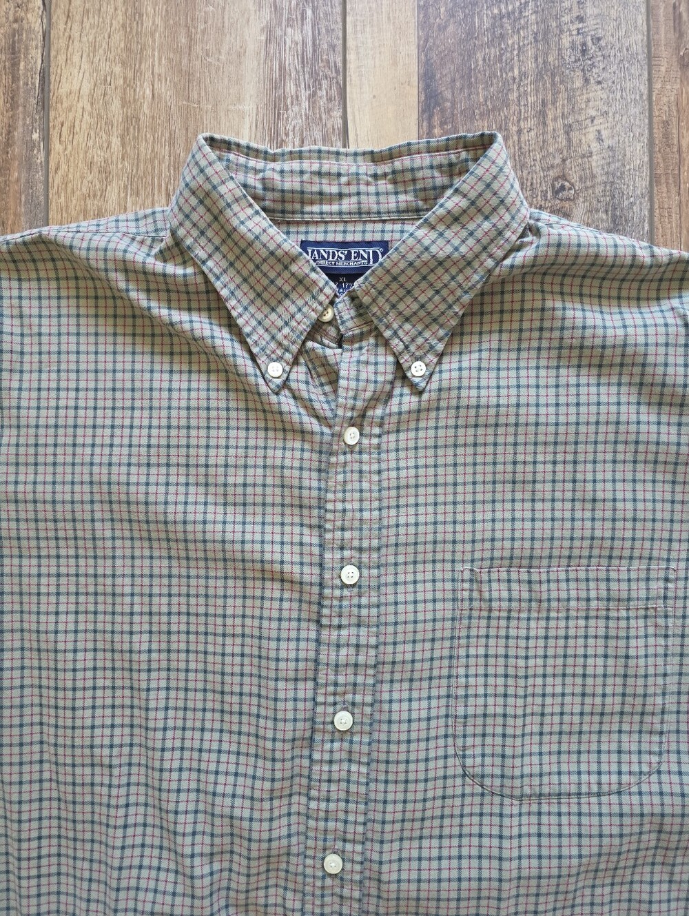 Lands' End - Vintage 90s Tattersall Button Down Shirt - XL Tall - Olive Tan